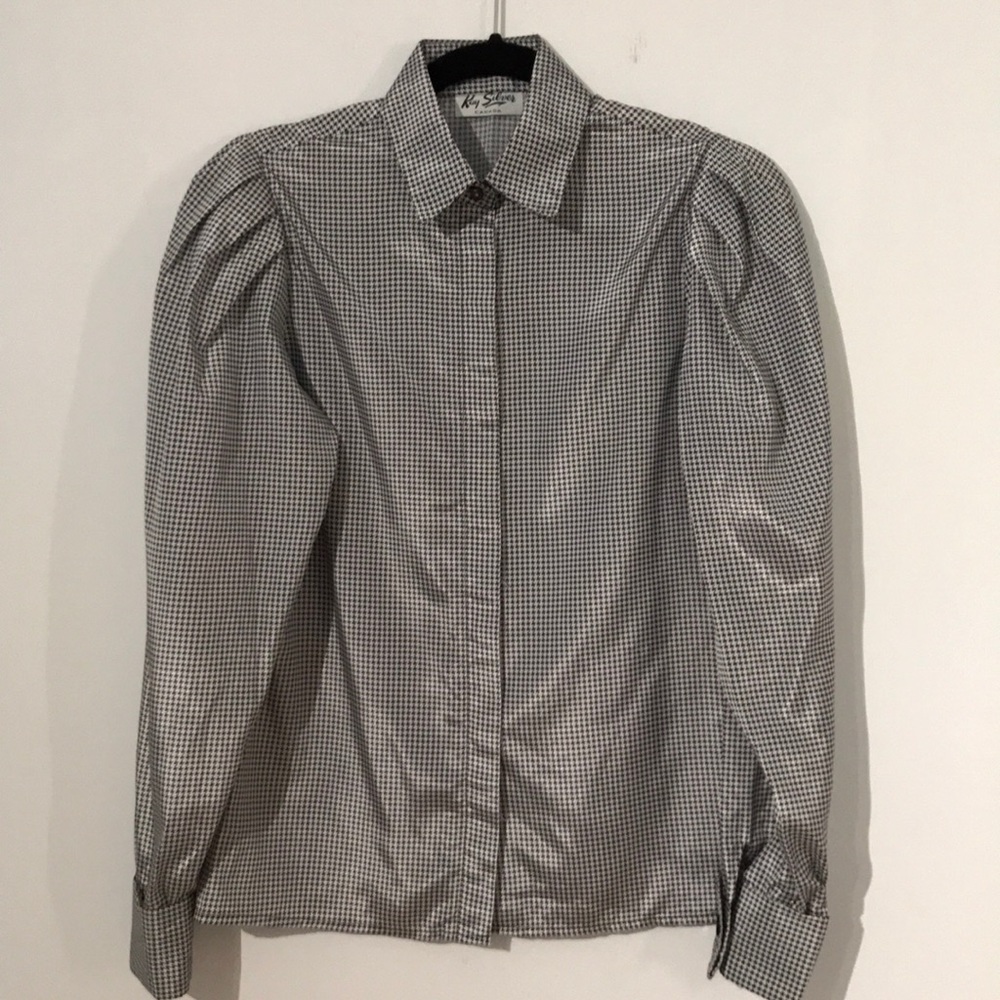 Vintage houndstooth puff sleeve blouse
